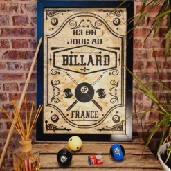 TABLEAU DECO "ICI ON JOUE AU BILLARD" (Fabrication Artisanale Française)